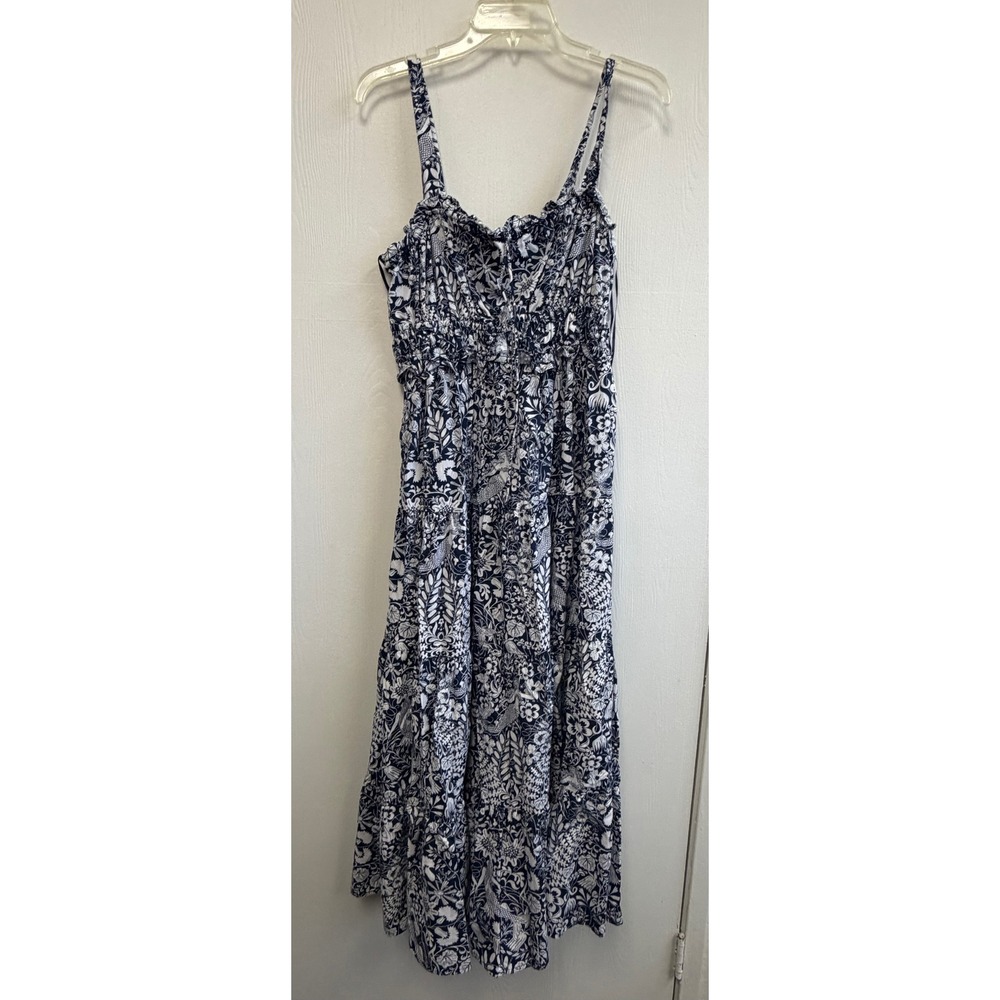 J.Crew Sevilla Tiered Midi Dress Mermaid Floral Smocked Navy White Medium